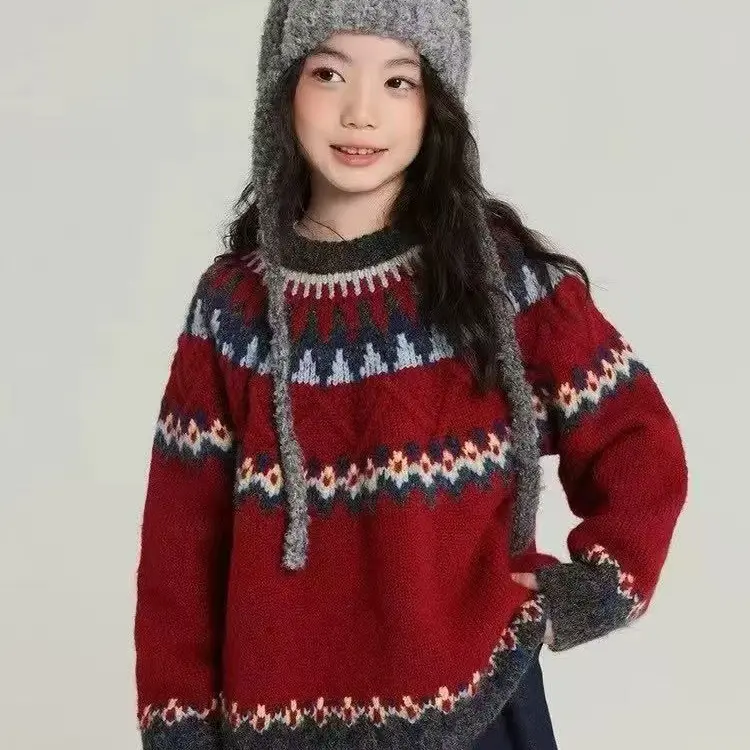 女童秋冬复古风费尔岛针织套头毛衣时尚百搭上衣