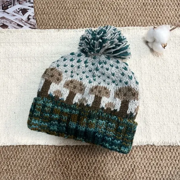 纯手工针织帽子秋冬保暖加厚显脸小休闲时尚羊毛蘑菇帽女