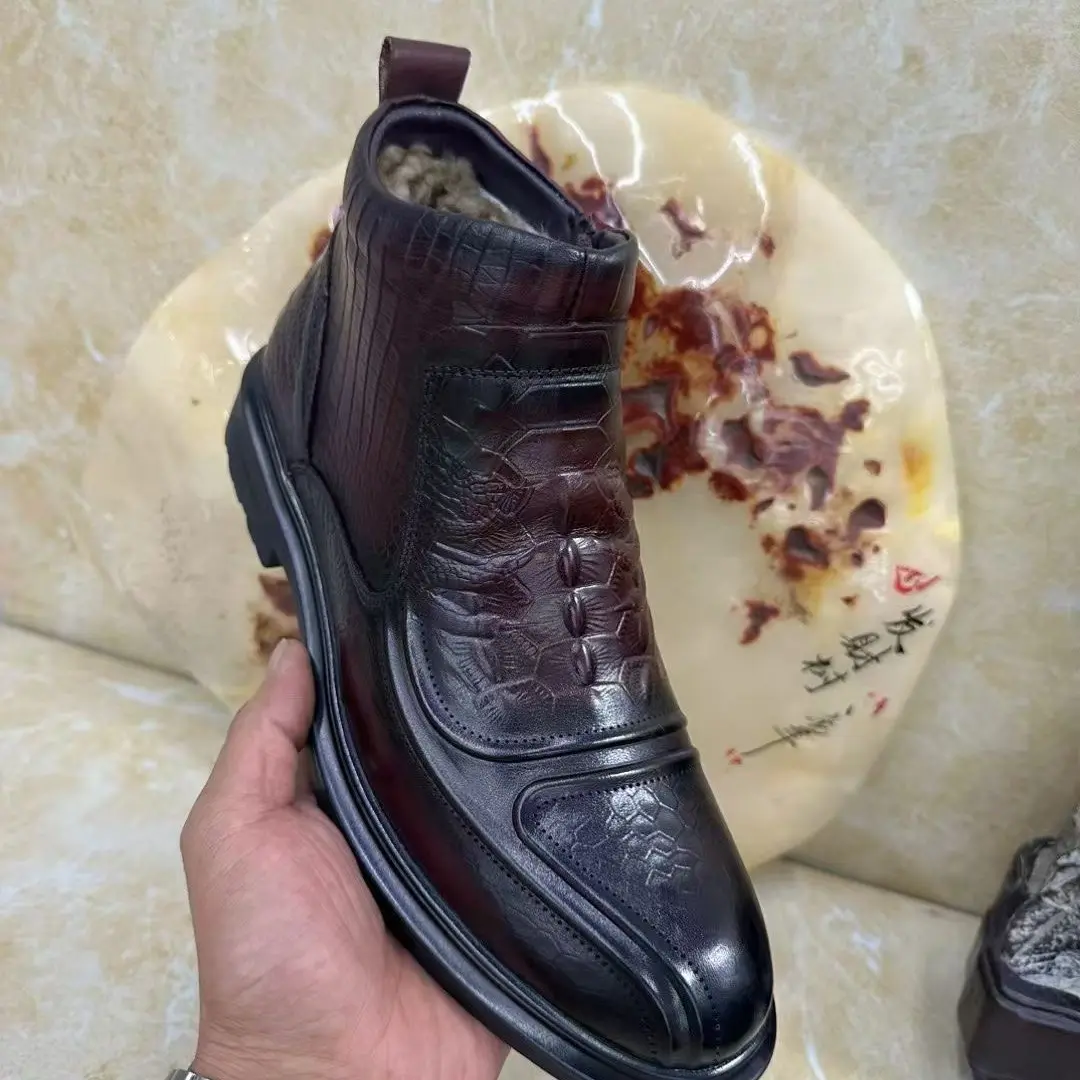 男士头层牛皮休闲皮鞋休闲纯色高帮鞋冬季商务风英伦风加绒真皮