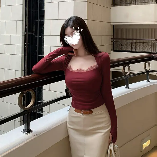 蕾丝花边百搭针织上衣长袖T恤修身显瘦秋冬季新款洋气气质打底衫