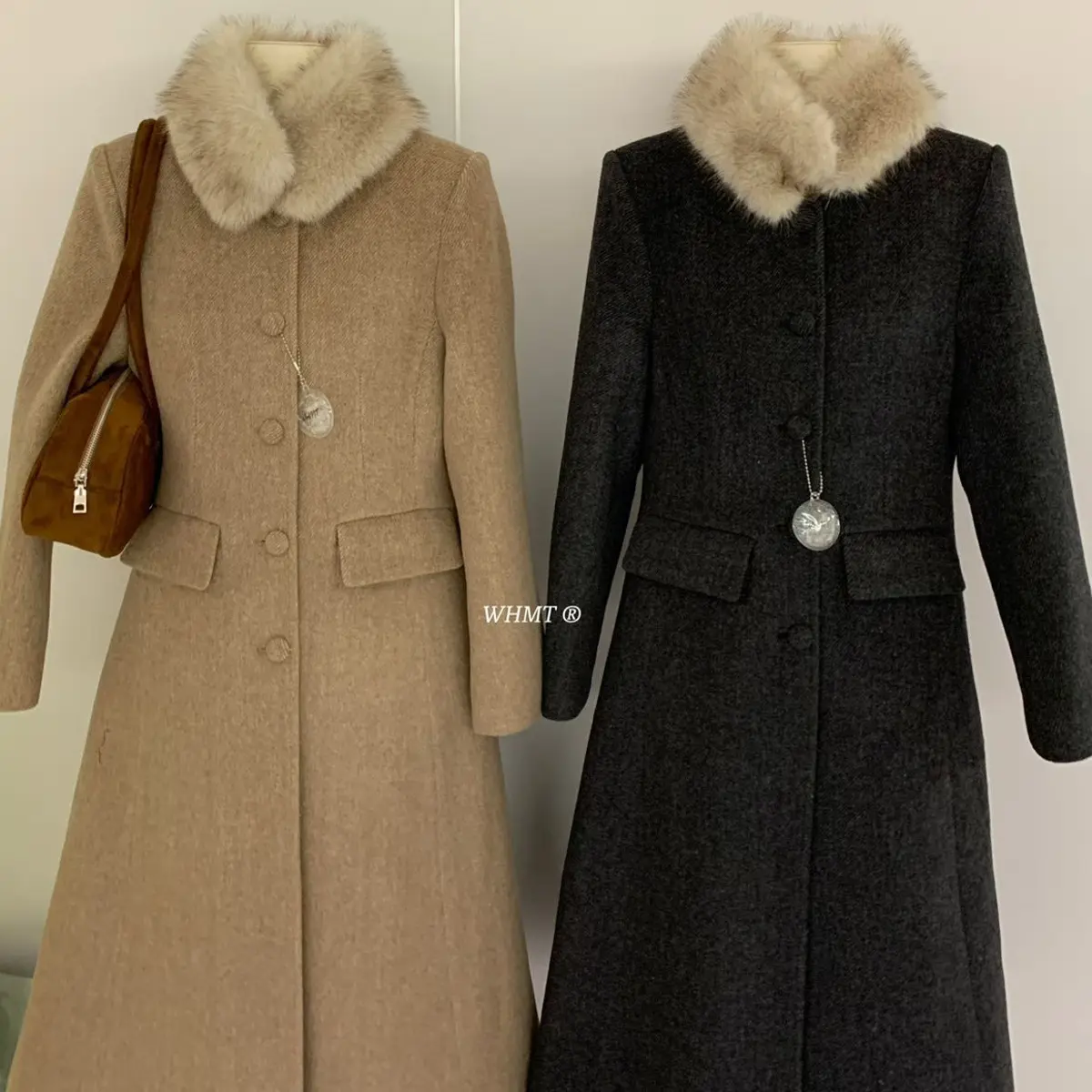 爆款大衣内里羽羽毛领真毛可拆卸保暖外套冬季翻领收腰长款加厚