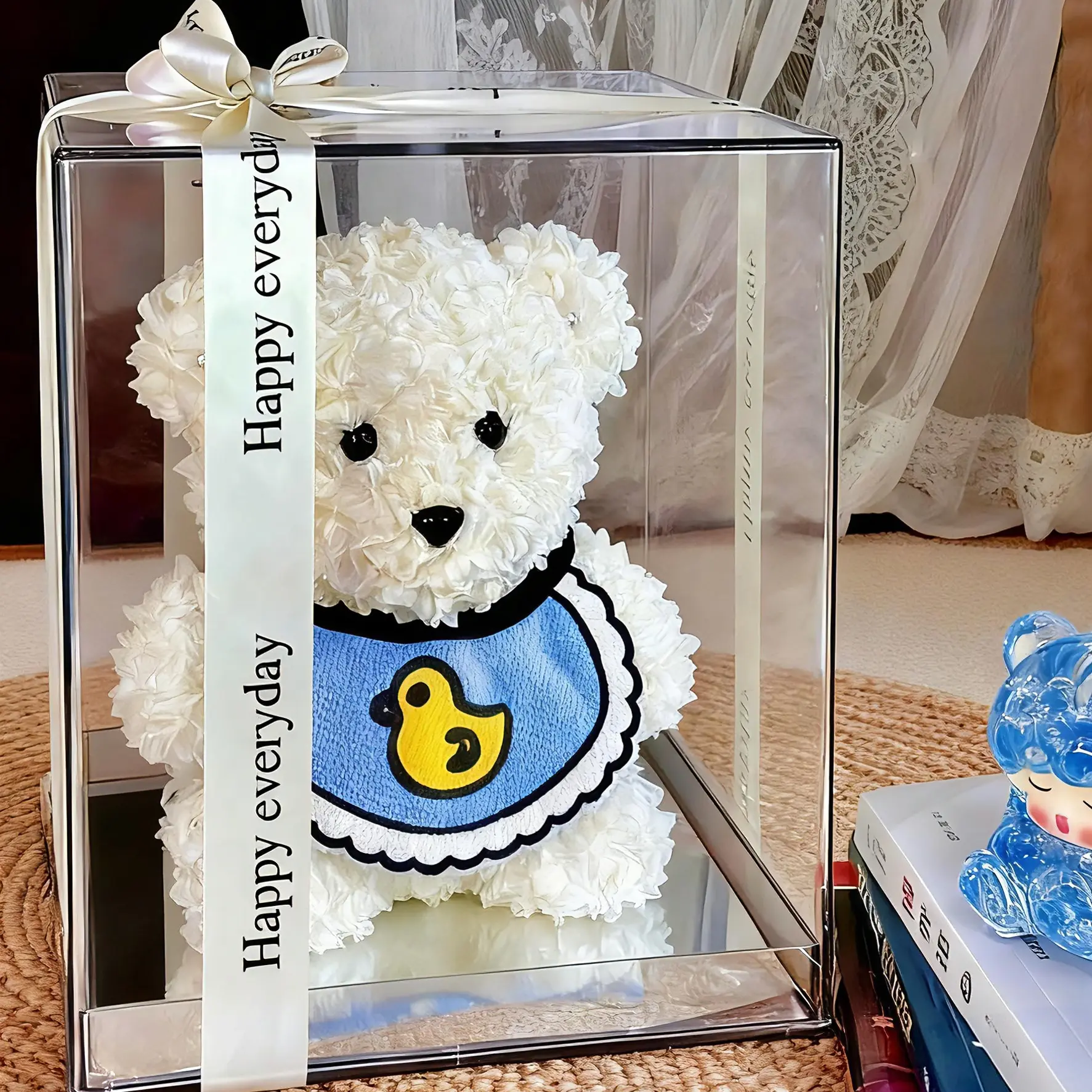 永生花珍珠耳钉小熊亚克力盒礼盒摆件