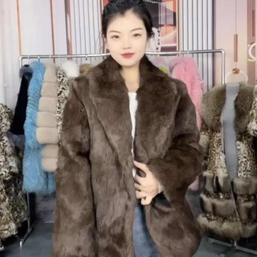 冬春秋新款卡其色安哥拉大毛雪兔双面青果领中长款