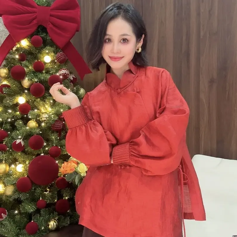新中式红色斜襟花瓣领长袖国风上衣打底衫衬衫