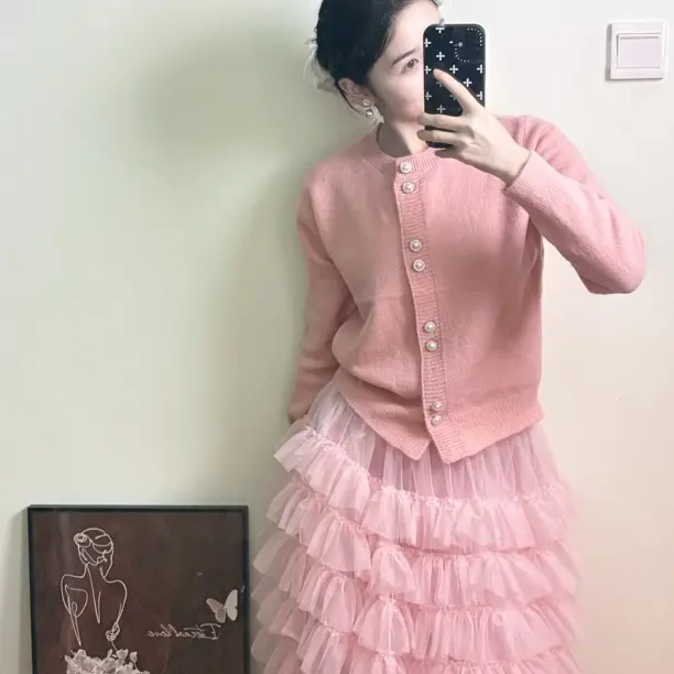 甜美高腰粉色层层网纱蛋糕裙女秋冬新款半身长裙