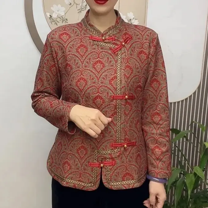 新款加绒立领印花中老年女装妈妈装时尚洋气保暖上衣外套