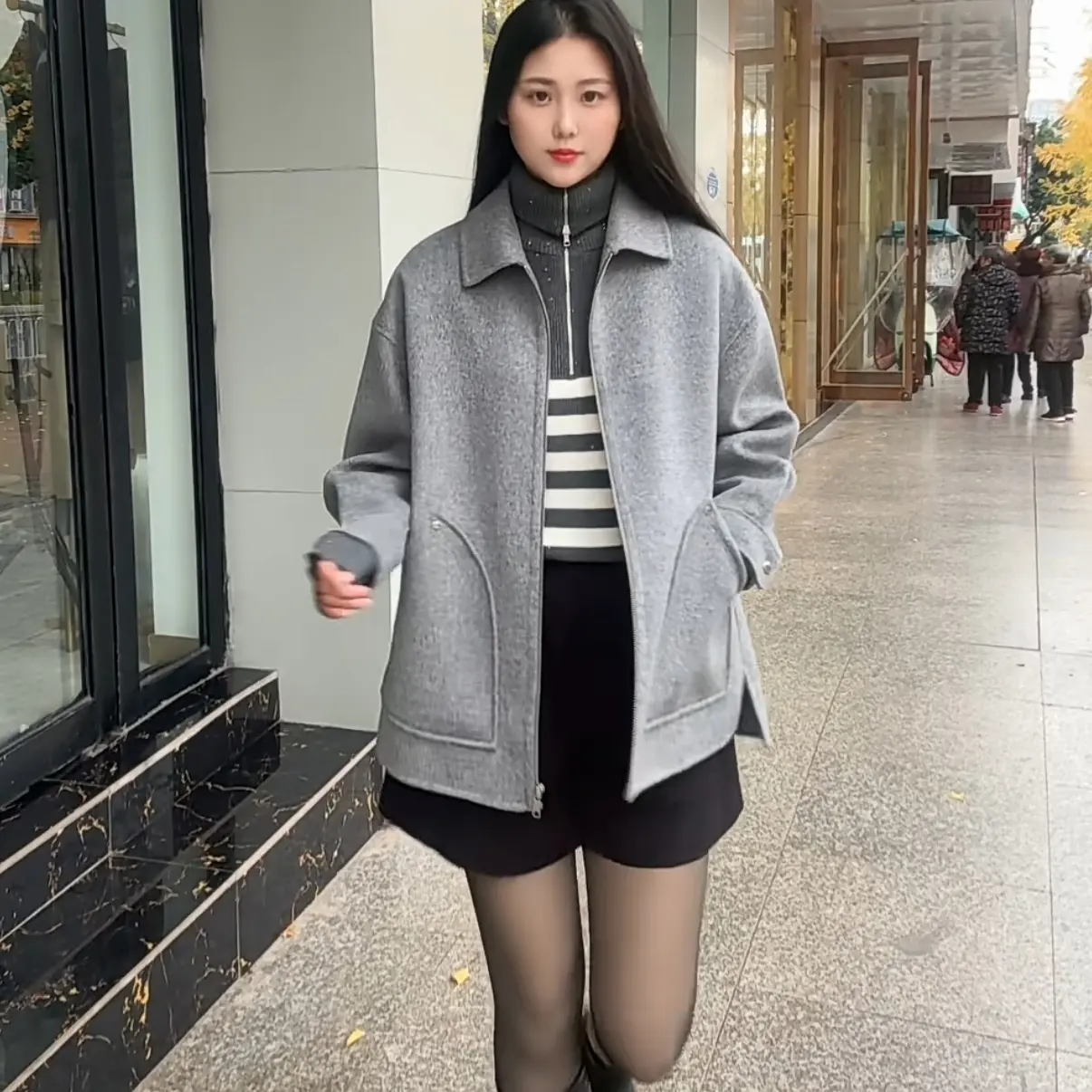 秋冬新款通勤简约双面呢绵短款时尚气质毛呢外套女