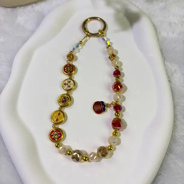 五路财神相机挂饰挂绳复古中国风水晶串珠手腕手提