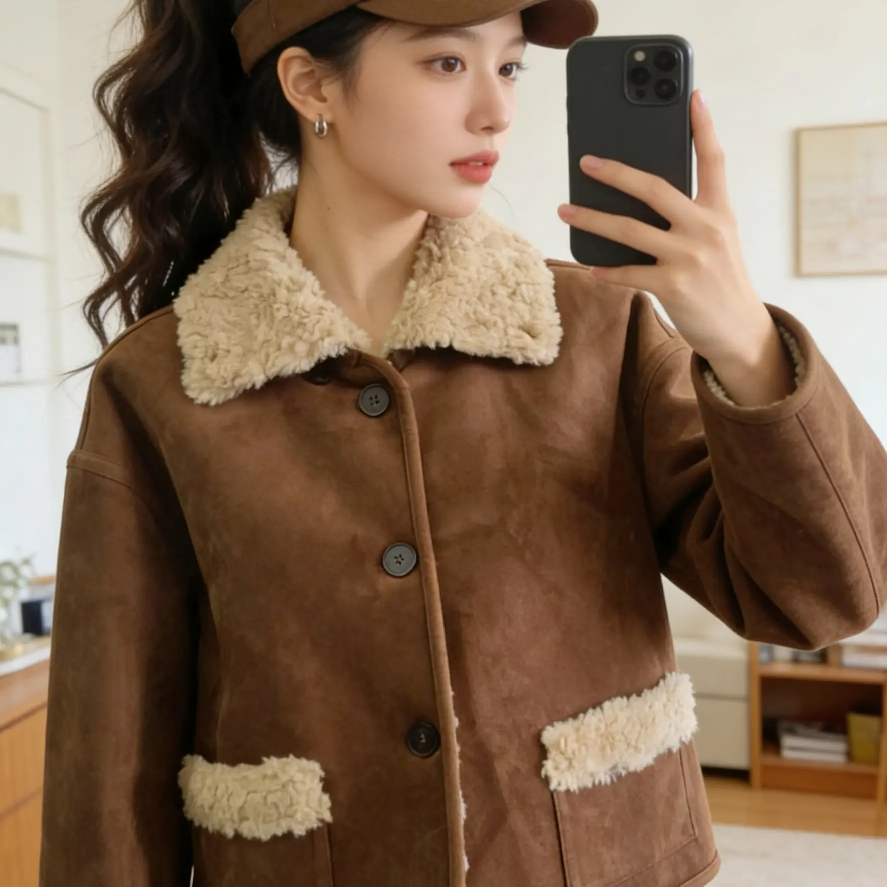 158小个子亲测！短裤麂皮绒羊羔毛外套，显高新款时尚洋气百搭女装