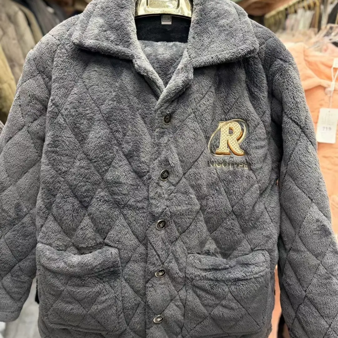 冬季三层夹棉男士加厚保暖可外穿中老年睡衣家居服套装