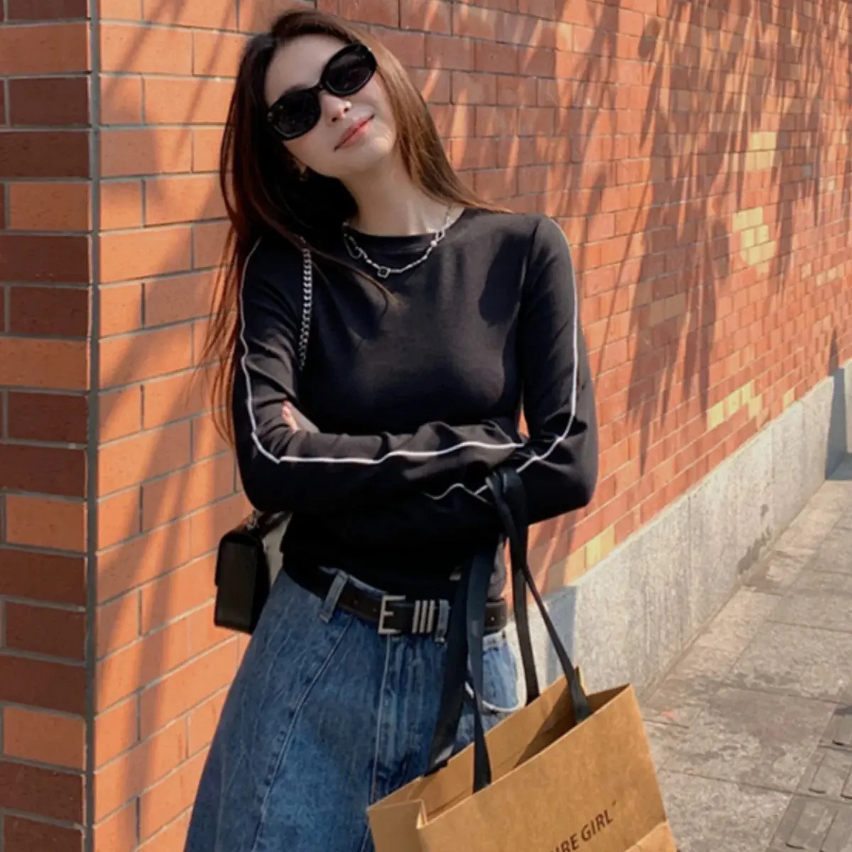 露丝同款冬季磨毛保暖圆领修身加绒长袖打底