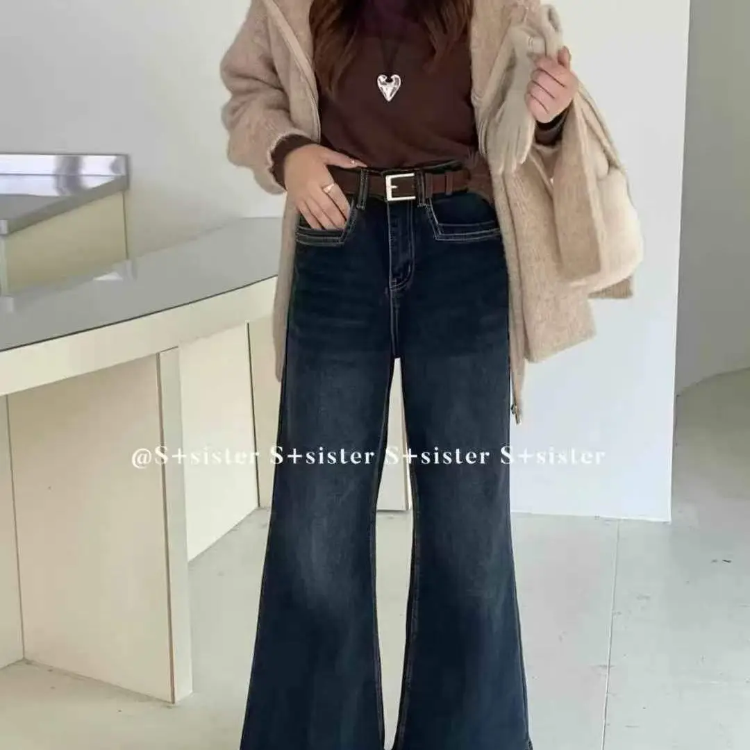 S+1917植绒小个子黑蓝色微喇叭牛仔裤秋冬款显瘦百搭