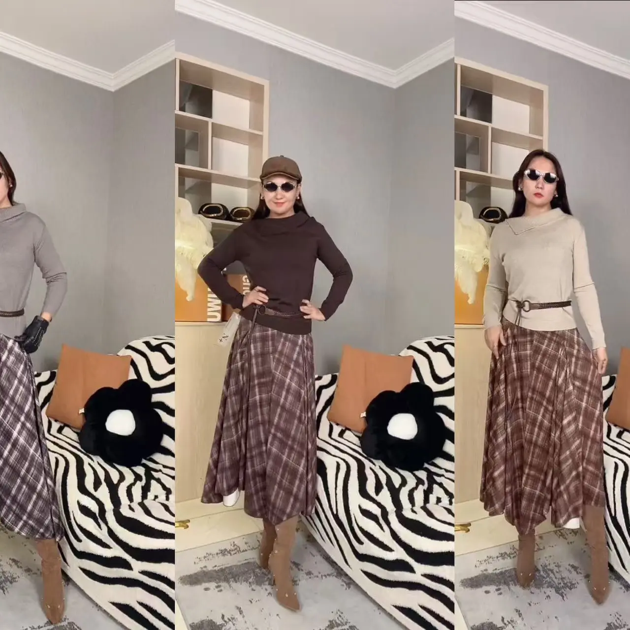 复古格纹半身裙秋季高腰显瘦A字裙大摆围气质毛呢垂坠感长裙女