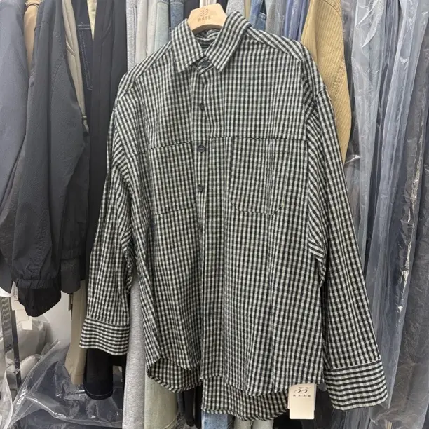 翻领宽松休闲黑白格子衬衫春秋百搭