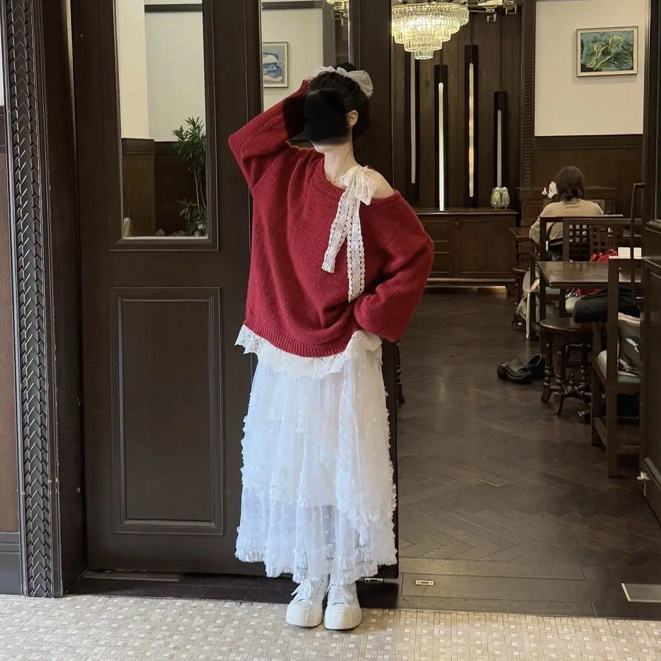 秋冬红色蕾丝边慵懒风宽松针织女百搭上衣蕾丝半身裙套装