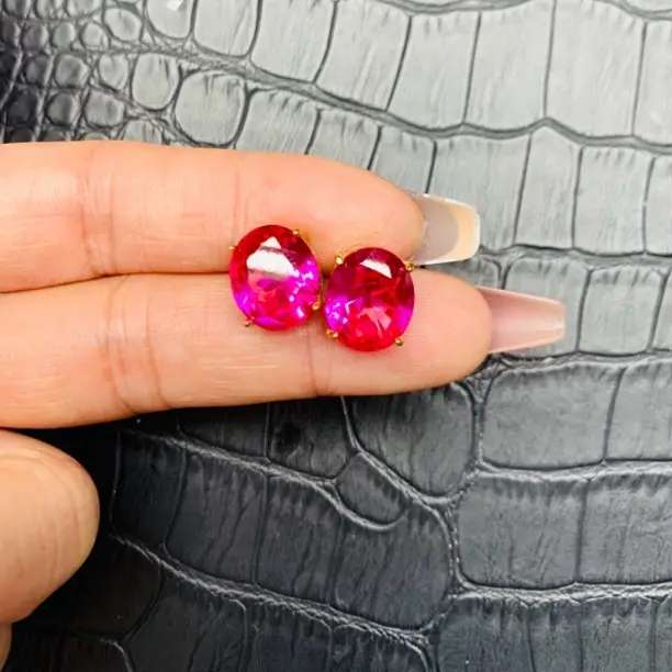 培育蓝宝石轻奢玫红色气质耳钉耳饰黄色底托44