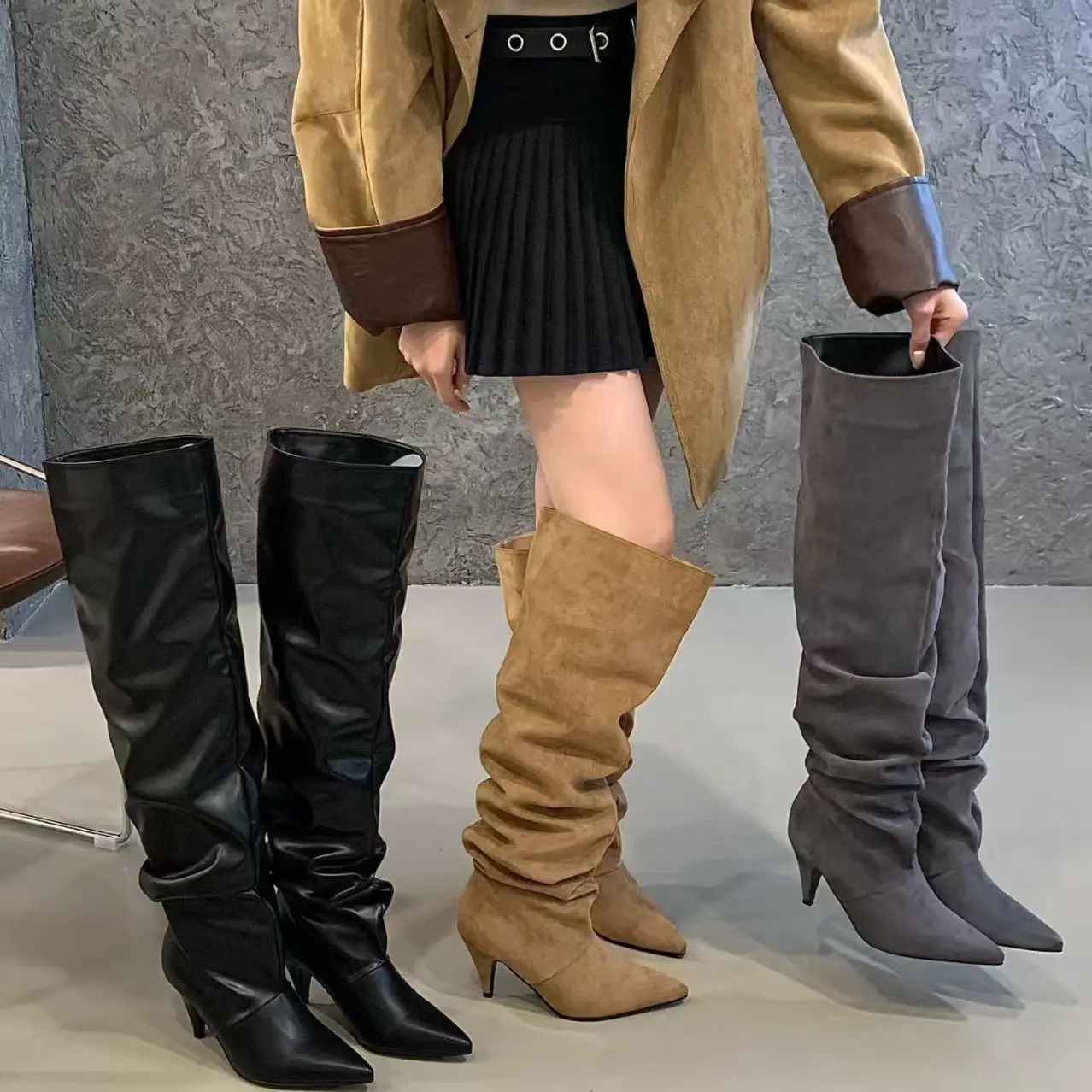 A22-1复古尖头高跟长筒靴女秋冬季绒面过膝堆堆靴显瘦骑士靴子