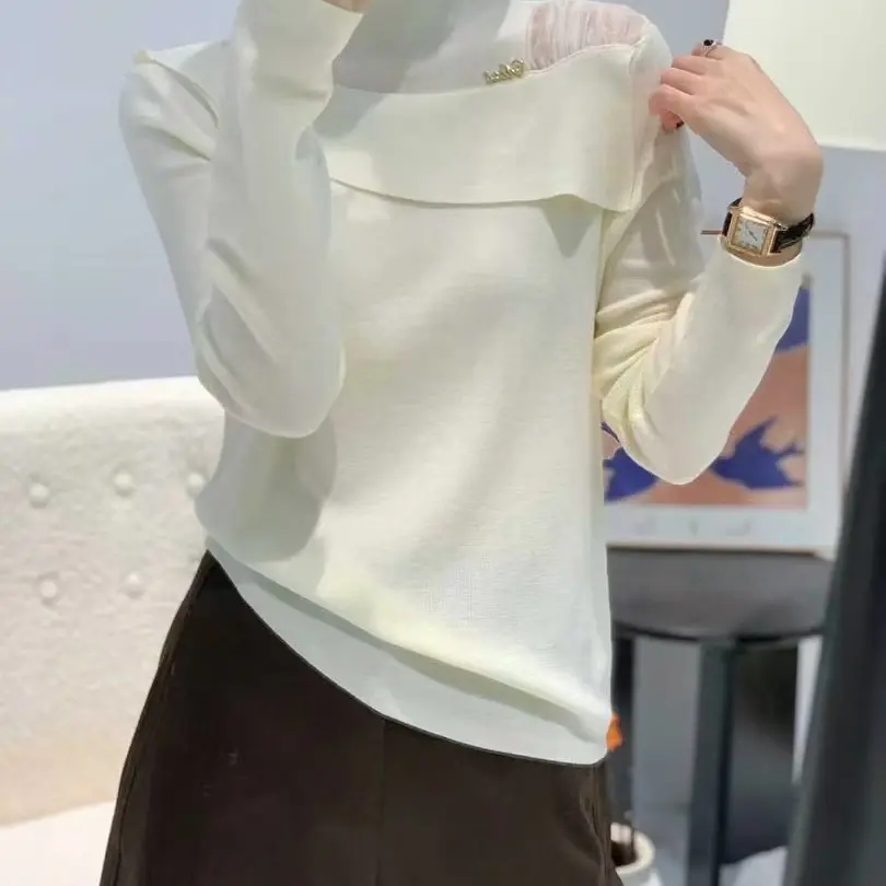 韩系半高领荷叶边长袖针织衫女秋冬季时尚修身显瘦内搭打底上衣