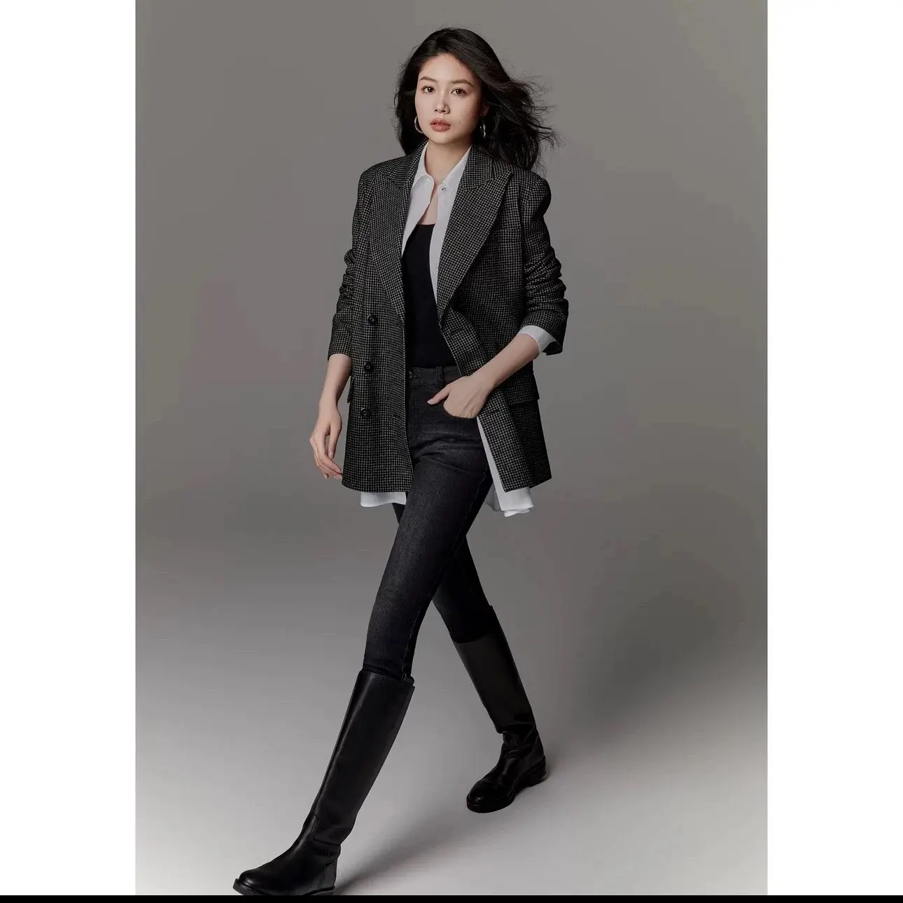 【北京阿玛施】5400868新款千鸟格纹双排扣中长款气质通勤西装外套