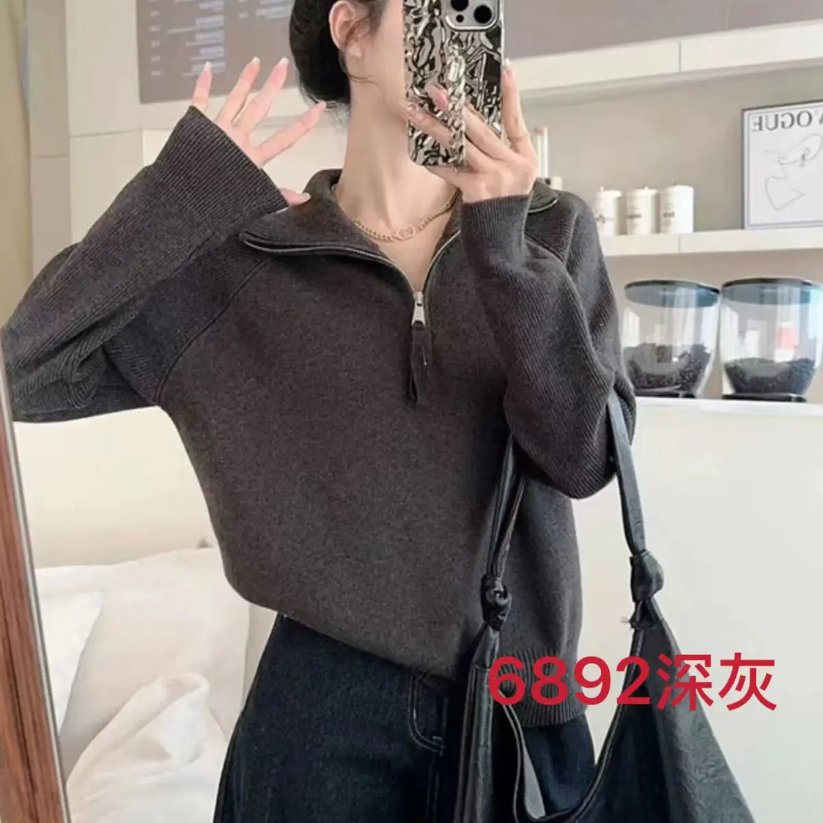 韩版半拉链宽松针织衫女秋冬加厚慵懒风保暖百搭打底毛衣