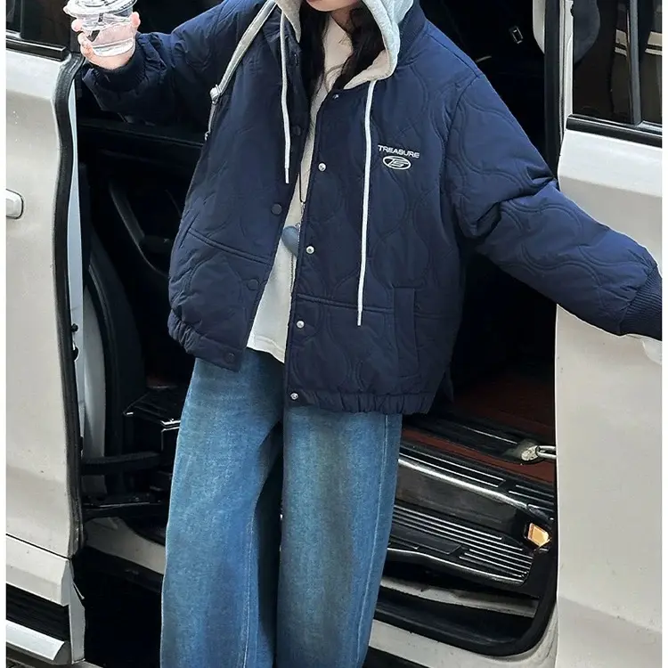 女童秋冬韩版休闲夹棉加厚外套男女大童洋气冬装棉服拼色连帽3784