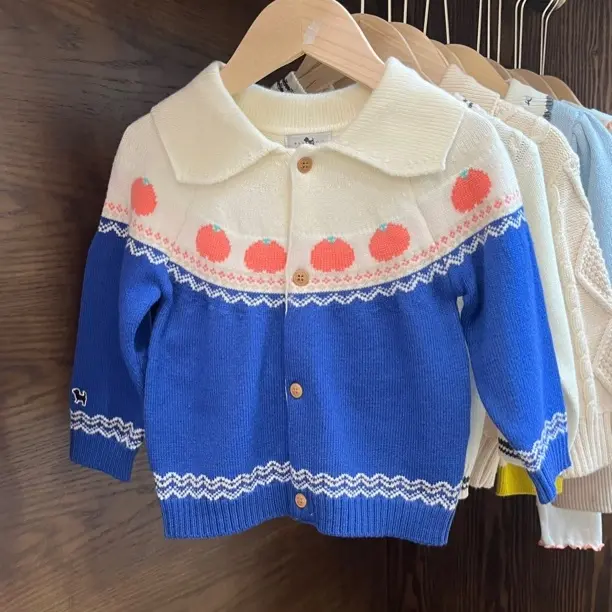 男童女童秋冬薄款撞色翻领针织开衫毛衣外套