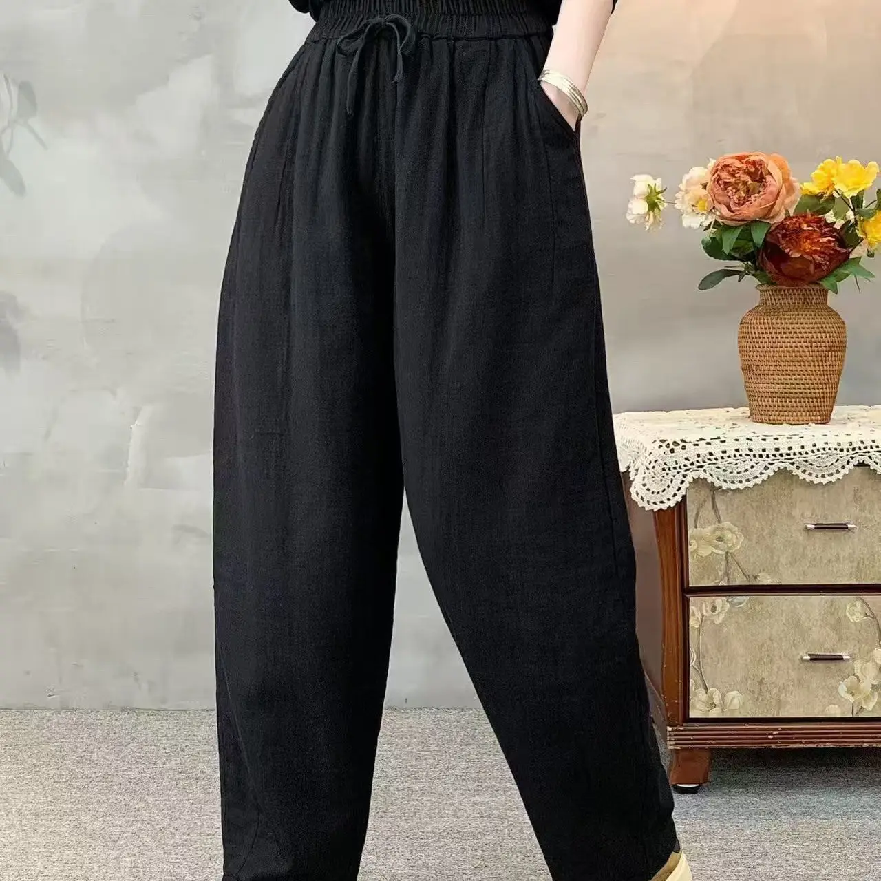 冬季加绒加厚双层纱哈伦裤宽松显瘦百搭复古休闲大码女裤