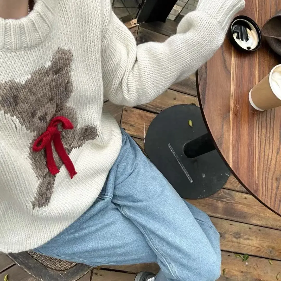 28452韩系慵懒风提花毛衣复古卡通小熊针织开衫宽松外套992衣长60