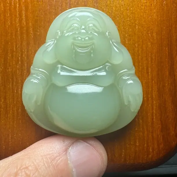 和田玉青海老料冰晴水果冻底起胶47mm弥勒佛玉质温润送礼佳品