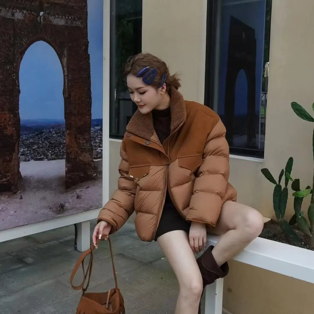 新国标90白鸭绒立领拼接短款潮牌个性羽绒服