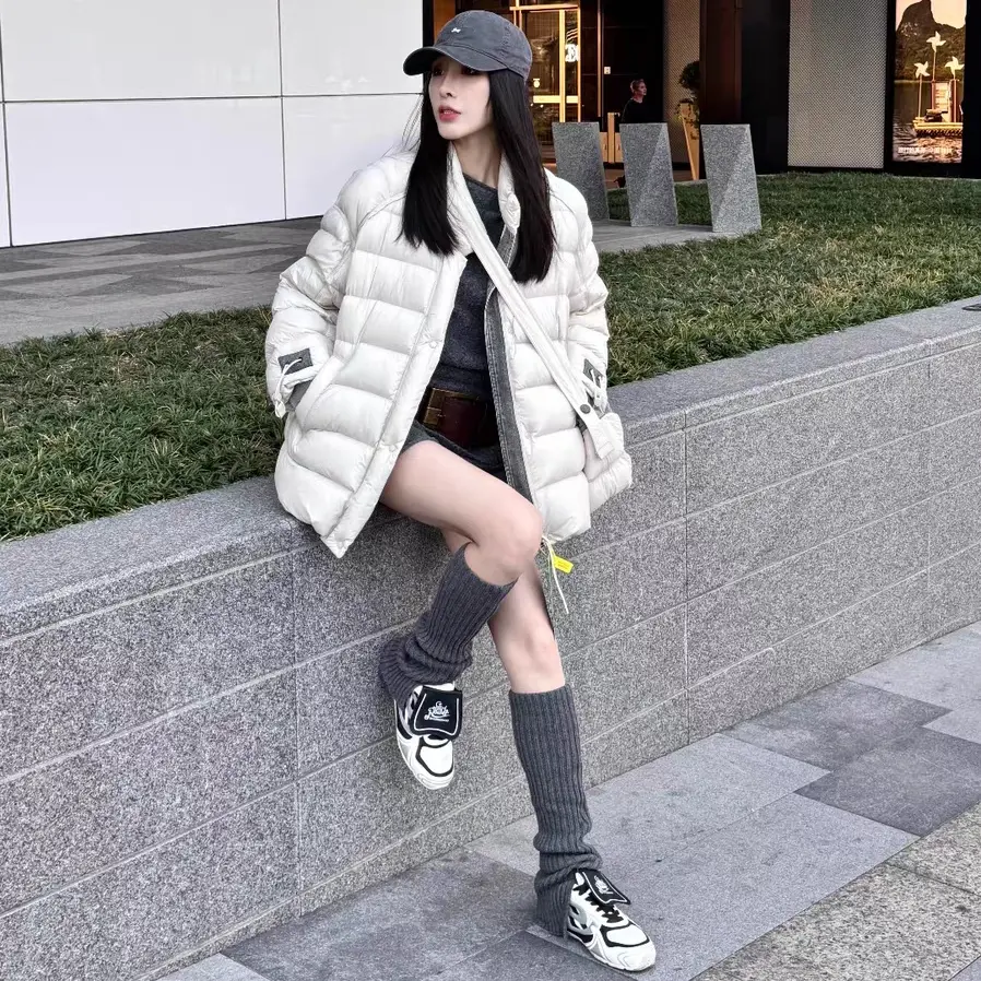 新国标白鸭绒冬季立领牛仔拼接排骨款加厚保暖时尚中长款女潮流