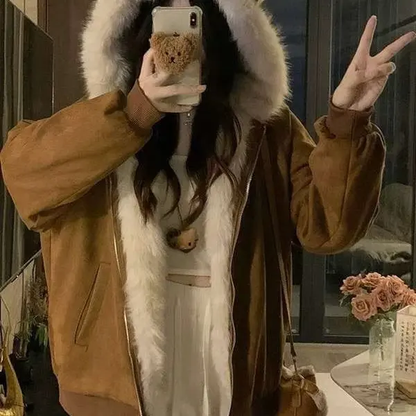 座山雕毛领连帽棉衣外套男女冬季加厚美式宽松保暖棉服夹克