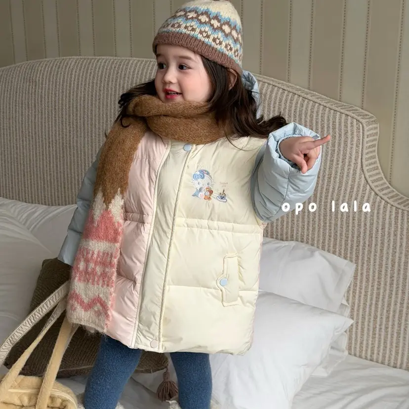 opolala 冬款女童拼色连帽中长款鸭绒羽绒服