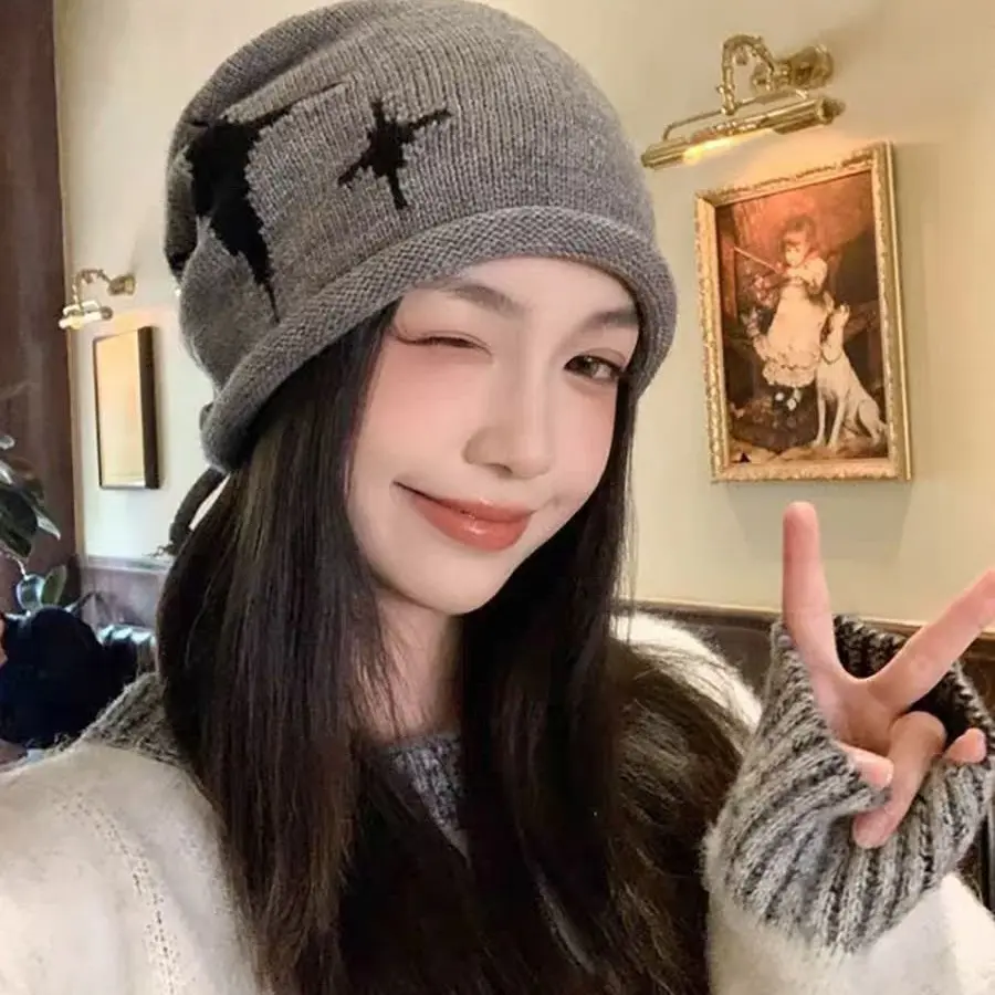 星星卷边抽绳堆堆帽秋冬加厚保暖护耳显脸小大头围百搭针织冷帽女