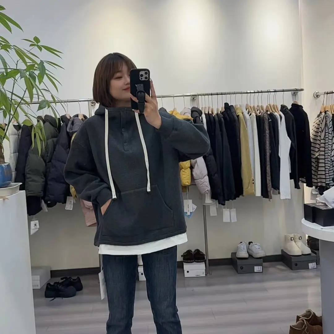 魏佳推荐--韩版宽松显瘦加绒加厚假两件连帽卫衣百搭休闲上衣7826