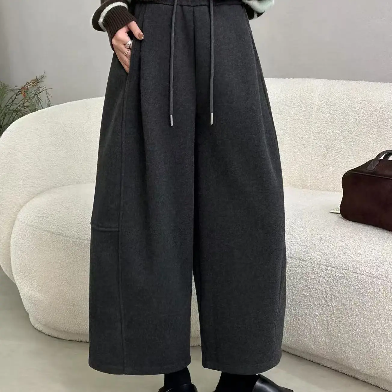 H131裤长85加绒加厚九分阔腿休闲裤女小个子宽松显瘦高百搭直筒裤