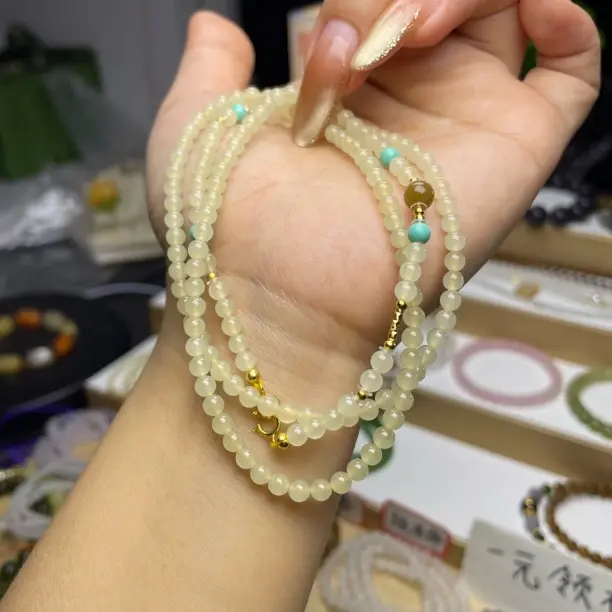 和田玉蜂蜜水小米珠链约4mm925银万能链时尚百搭