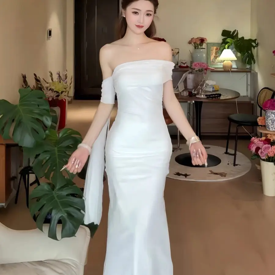 纯欲性感一字肩飘带网纱收腰修身长款连衣裙女高级感气