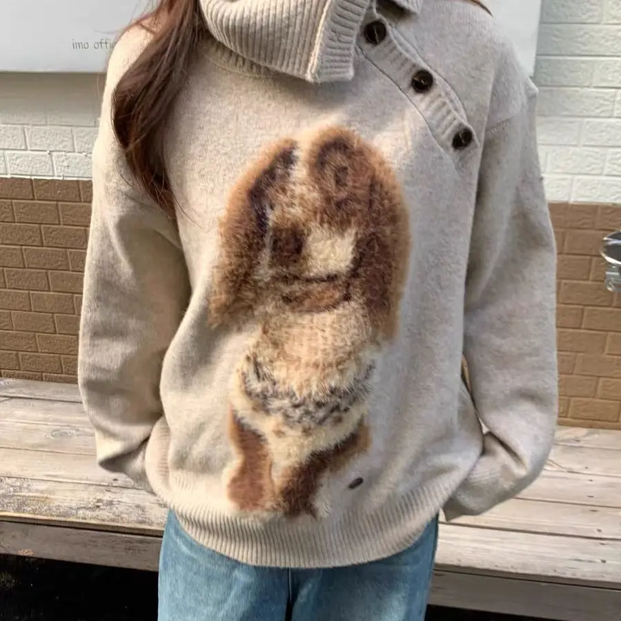 早安复古小狗毛衣虎皮卷秋冬宽松慵懒风高领毛衣女