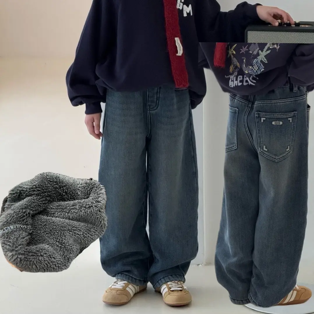 儿童裤子冬季韩版新男女童880381中大童口袋刺绣羊驼绒加厚牛仔裤
