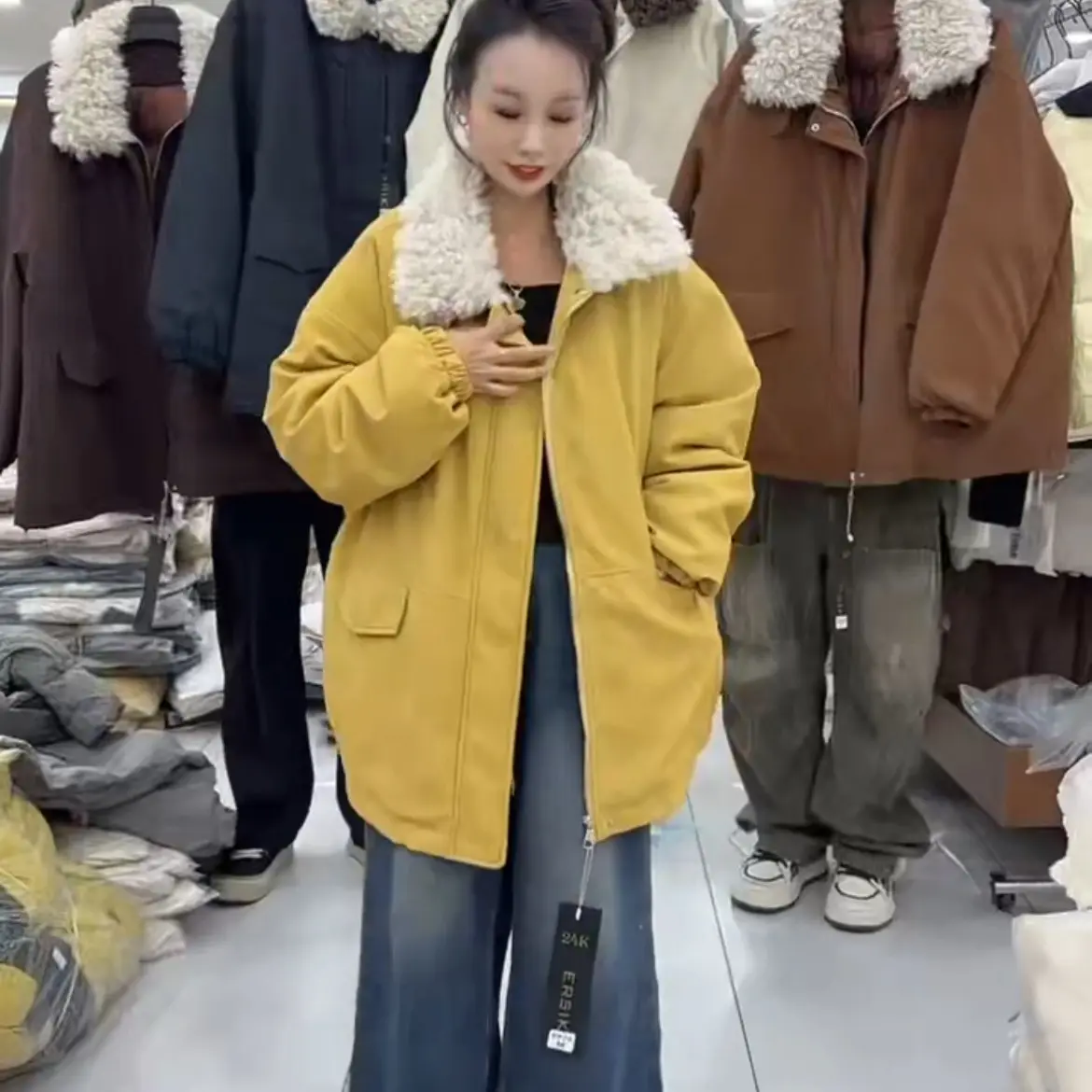 拼色拉链翻领厚款落肩袖女加绒韩版ins时尚