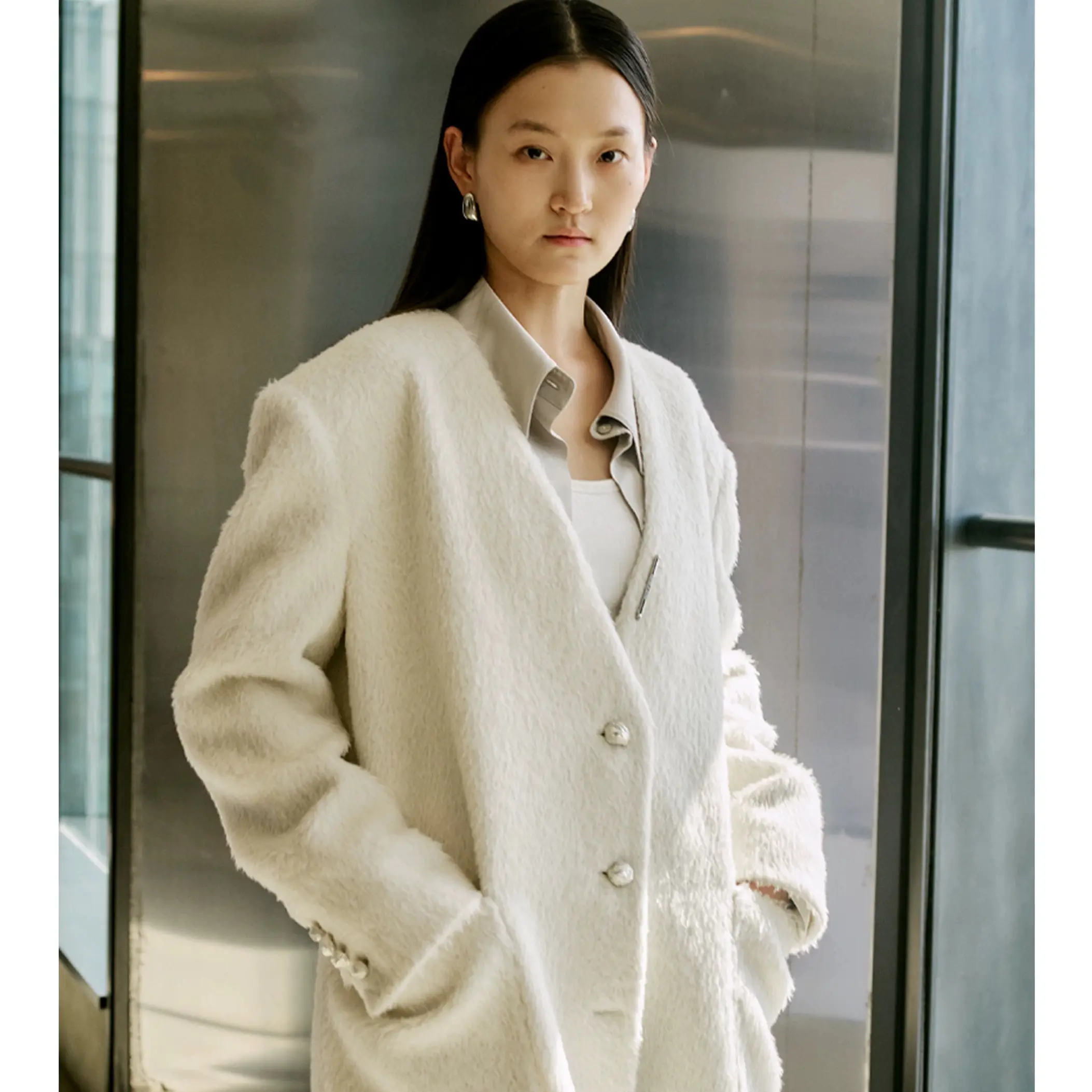 SHANG1 BY SHANGYI S24BC29WH羊驼毛西服外套女秋冬高级V领西装