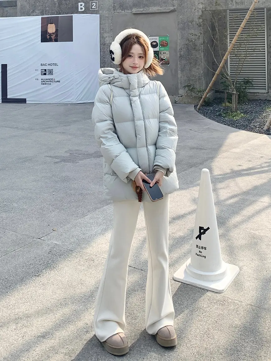 Zzhen【流浪北欧】简约蓬松连帽加厚羽绒服中长款保暖外套DAWT1285