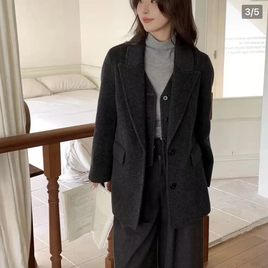 粉色毛呢短款西装外套秋冬韩系小个子高级感宽松温柔呢子上衣