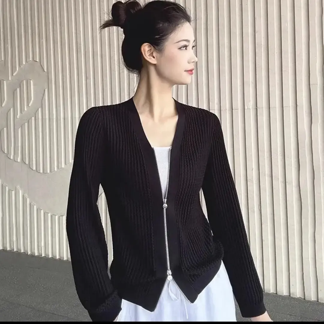 （不退换）548026秋季新款V领双拉链长袖冰丝针织开衫女