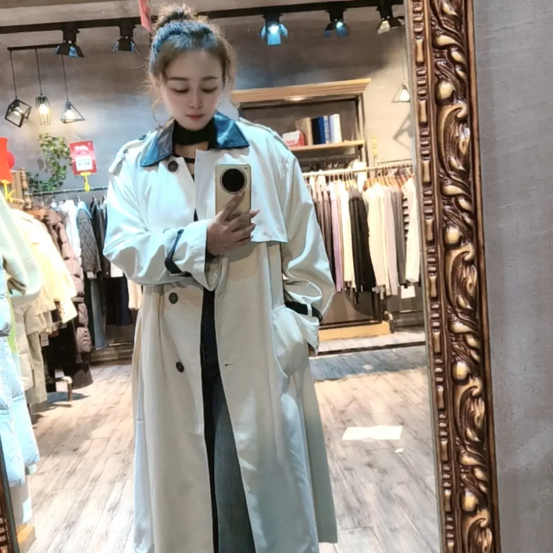 麦寻春秋高级感简约撞色翻领系带中长款风衣外套