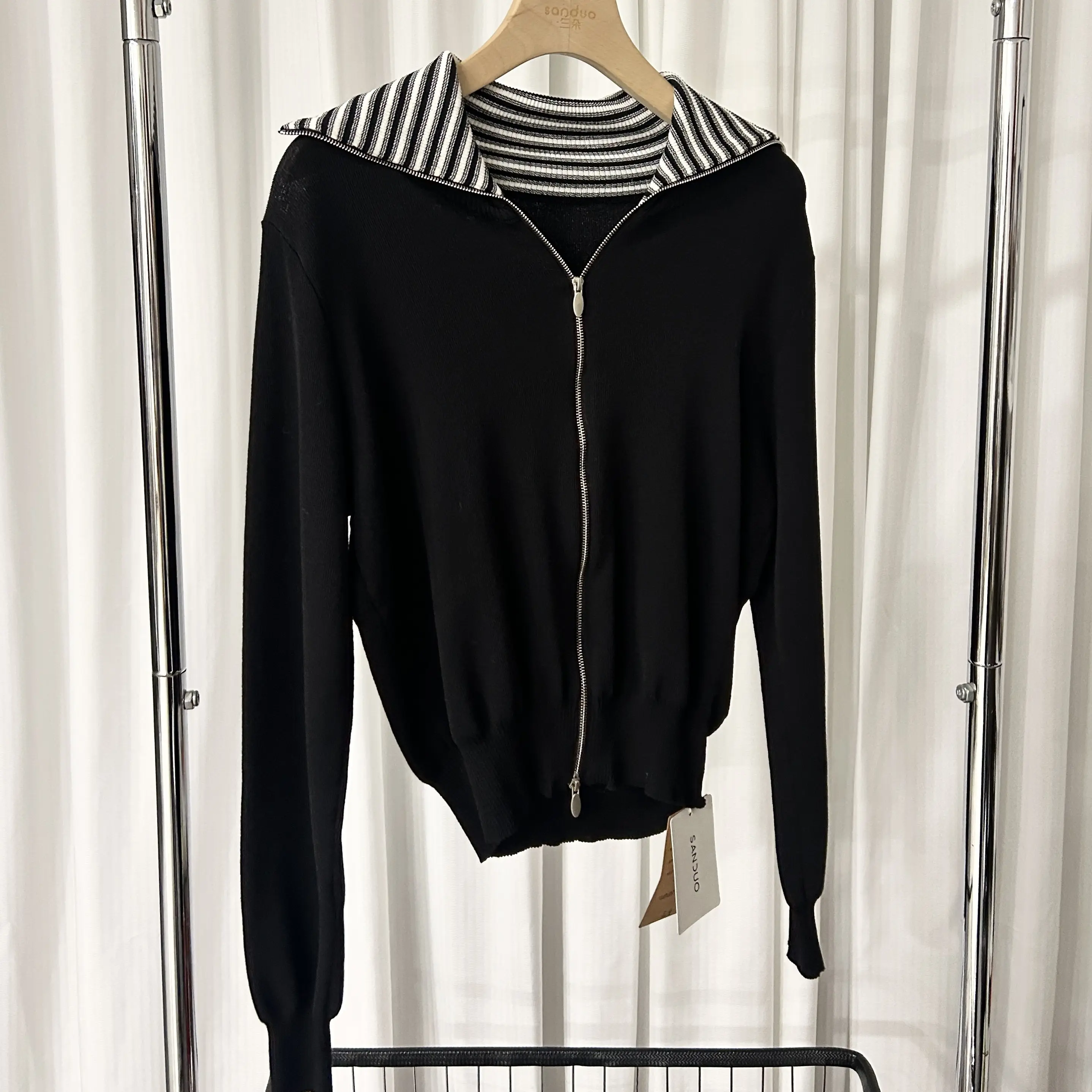 韩版双拉链翻领撞色拼接抗起球针织开衫女秋冬设计感宽松显瘦