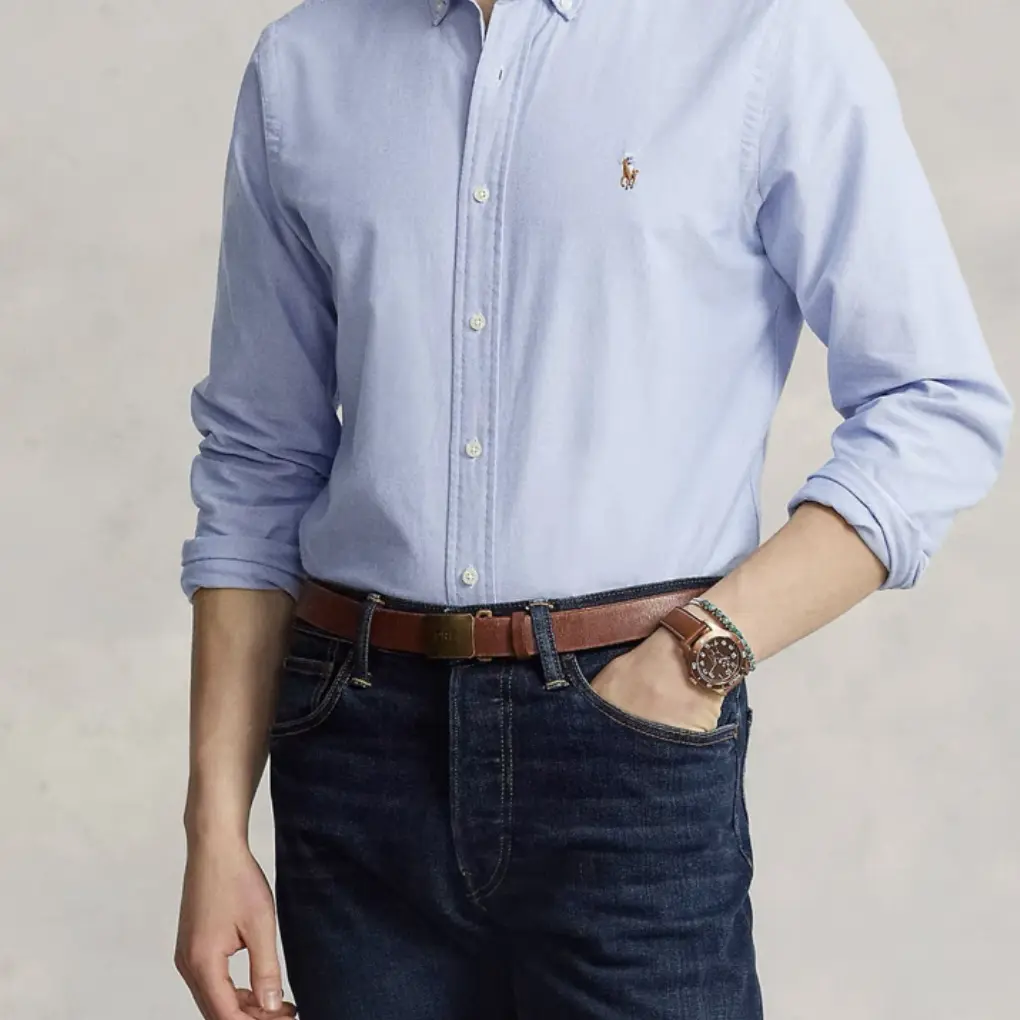 彩马刺绣浅蓝色纯棉牛津纺男士经典版棉质运动长袖衬衫