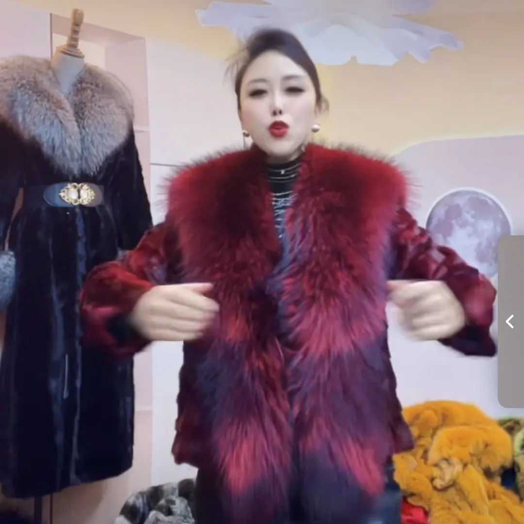 水貂毛皮毛一体女装皮草短款枣红色门襟毛领