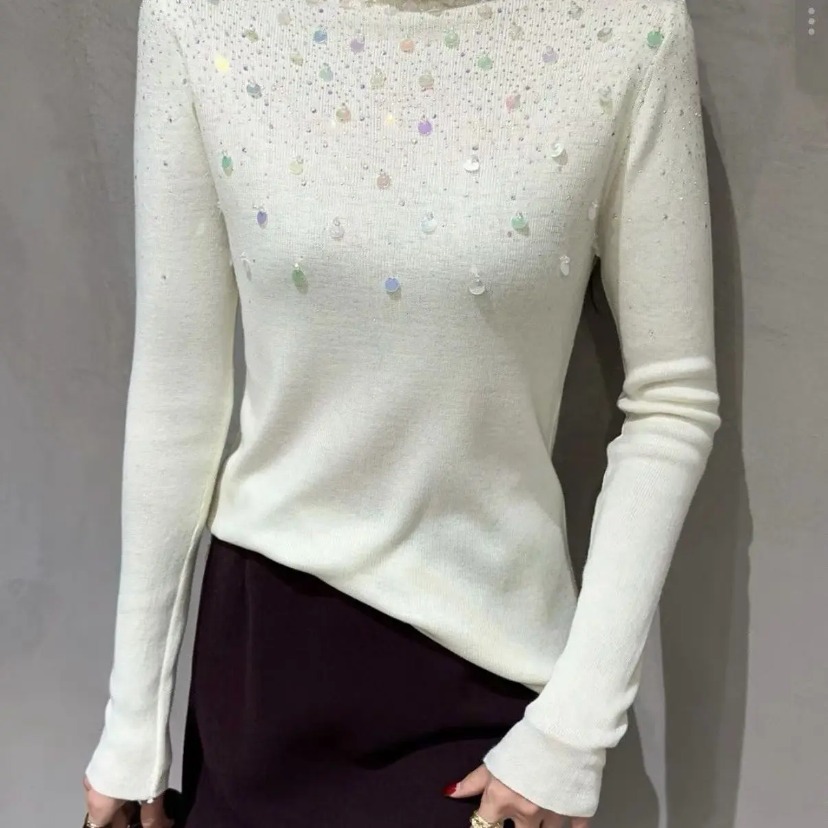 冬季高领烫钻修身弹力羊毛打底衫女装时尚洋气